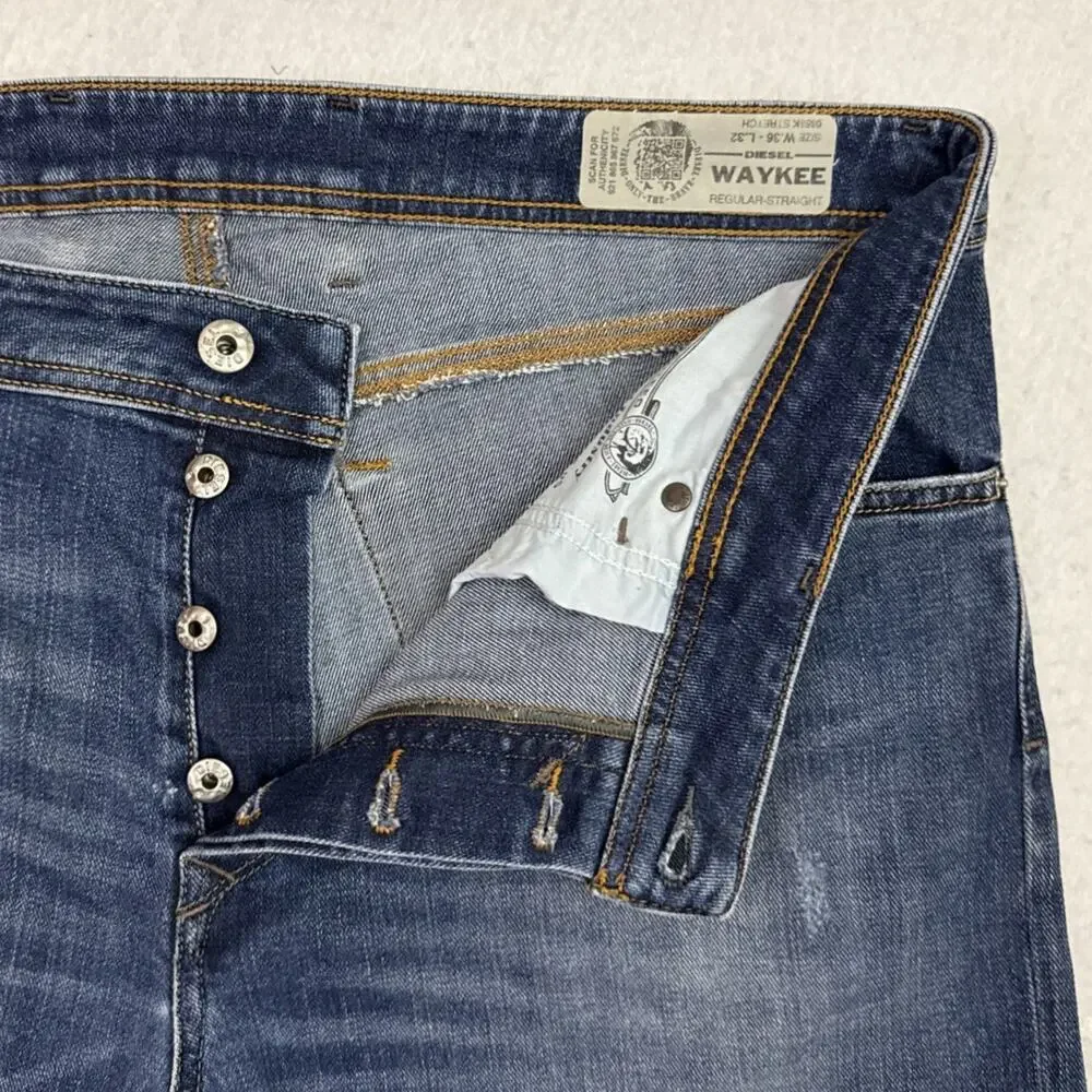 Diesel Waykee Regular Straight Jeans Mens 36X32 Medium Wash Button Fly
